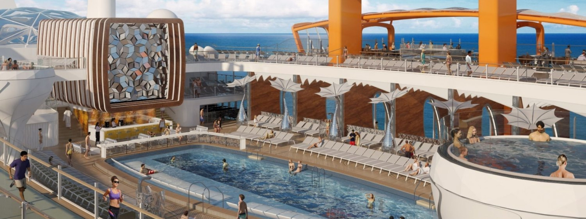 Moderner Poolbereich auf einem internationalen Kreuzfahrtschiff mit innovativem Design und vielfältigen Freizeitangeboten